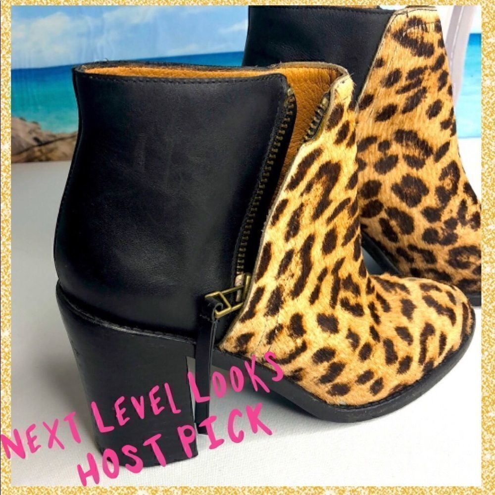 Madewell Calf Hair Leopard Ankle Booties Black Leather Trim Size 6
